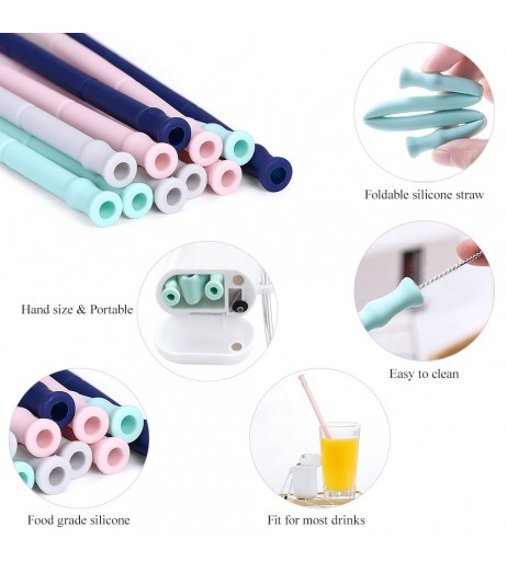 2PCS Portable Collapsible Straws Food Grade Silicone Drinking Straw with Storage Case Cleaning Brush for Traveling Hotel Party Household