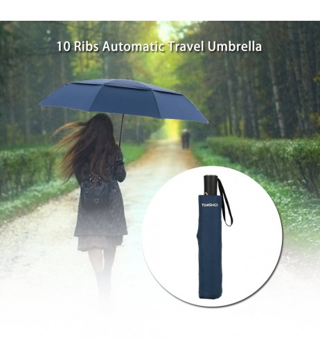 TOMSHOO Windproof Double Canopy Umbrella Automatic Auto Open Close Umbrella Automatic Folding Travel Golf Umbrella with 10 Ribs