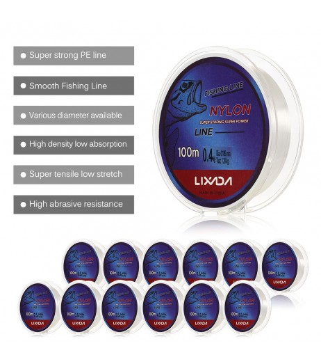 Lixada 100m Fishing Line Thread Clear White Thin Fishing Line Smooth Casting for Freshwater and Saltwater