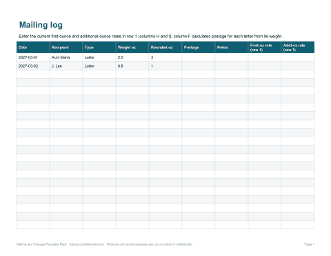 Preview of the first page of Mailing log (XLSX)