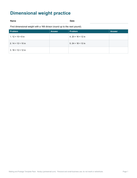 Preview of the first page of Dim weight worksheet (PDF/DOCX)